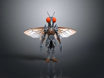 Cosmic Armored Insect Creature Standing With Red Eyes And Transparent Wings In Space 3d model