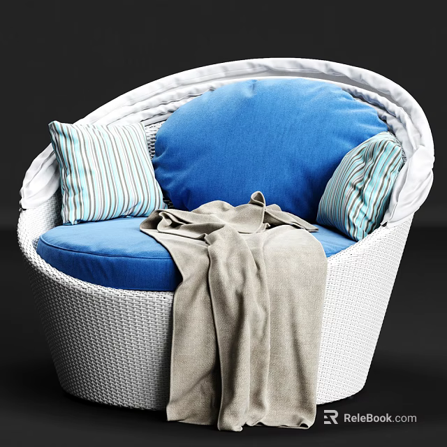 Wicker Single Sofa with White Frame Blue Cushion and Striped Pillows 3d model 