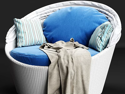Wicker Single Sofa with White Frame Blue Cushion and Striped Pillows 3d model