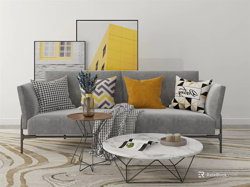 Gray Multi Seater Sofa With Checkered Geometric Yellow Pillows And Marble Coffee Table 3d model