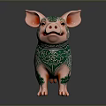 Pink And Green Pig Shaped Household Decoration With Intricate Floral Patterns