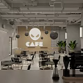 Industrial Style Café Interior Featuring Gray Walls Green Plants Round Pendant Lights And Black Furniture