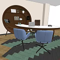 Modern Office Interior With Sofa Coffee Table Desk And Circular Ceiling Design 3d model