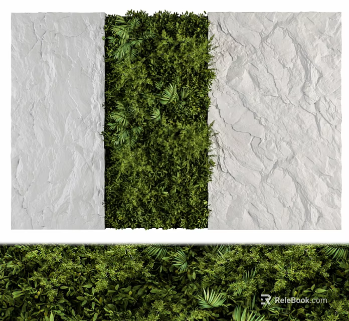 Lush Green Plant Wall With Foliage Between Textured White Indoor Walls Design 3d model 