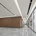 Modern Office Corridor Design With Dark Wall Panels Marble Flooring And Glass Partitions