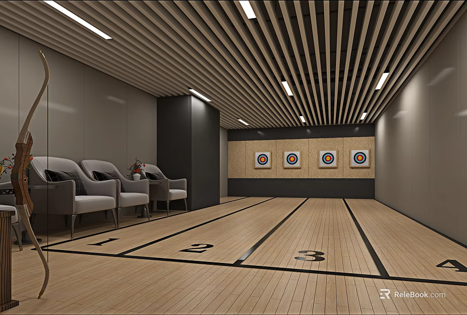 Modern Sports Fitness Indoor Archery Range With Targets Chairs Wooden Floor And Ceiling Lights 3d model 