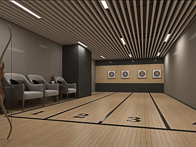 Modern Sports Fitness Indoor Archery Range With Targets Chairs Wooden Floor And Ceiling Lights 3d model