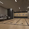 Modern Sports Fitness Indoor Archery Range With Targets Chairs Wooden Floor And Ceiling Lights