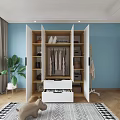 White Wardrobe With Three Doors Two Drawers And Black Handles On Wooden Floor