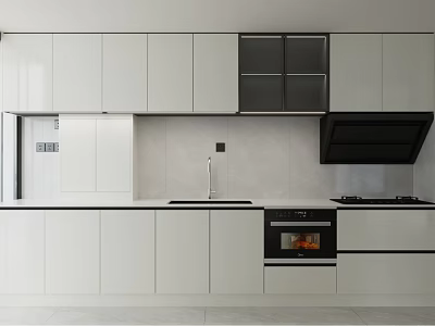 Clean Modern Kitchen Interior With White Cabinets Gray Countertops And Black Range Hood 3d model