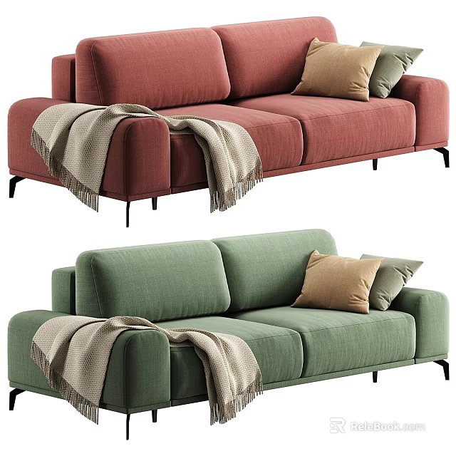 Stylish Red And Green Sofas With Decorative Pillows And Soft Blanket 3d model
