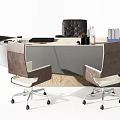Modern Office Desk With Wooden Top Ergonomic Chairs And Office Supplies