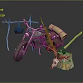 Adventure Motorcycle With Hanging Iron Pot Rolled Yellow Gear Axe Wooden Stump And Animal Skull