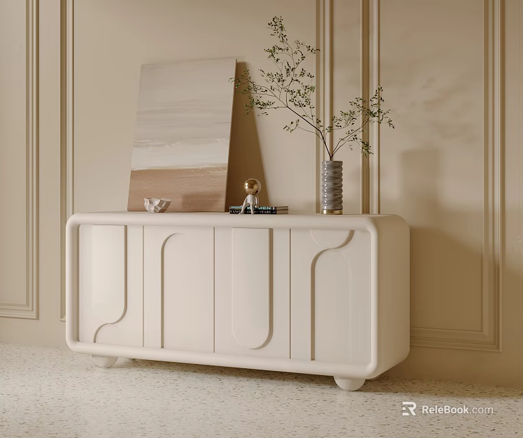 Modern Elegant White Entryway Cabinet Sideboard With Curved Lines Decorative Painting Vase and Green Plant 3d model 
