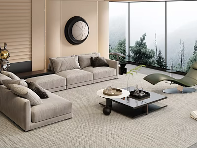 Modern Living Room Interior With Gray Sofa Black Coffee Table Round Mirror And Floor to Ceiling Windows 3d model