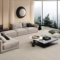 Modern Living Room Interior With Gray Sofa Black Coffee Table Round Mirror And Floor to Ceiling Windows