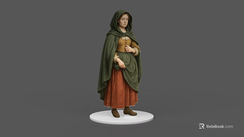 Female Game Movie Character Wearing Green Cloak Brown Tunic Red Skirt on White Base 3d model 