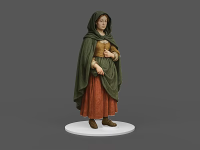 Female Game Movie Character Wearing Green Cloak Brown Tunic Red Skirt on White Base 3d model