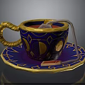 Ornate Blue And Gold Teacup With Saucer Moon Star Patterns Twisted Handle And Teabag