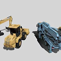 Blue Concrete Mixer Truck And Yellow Construction Vehicles Including Wheel Loader And Forklift