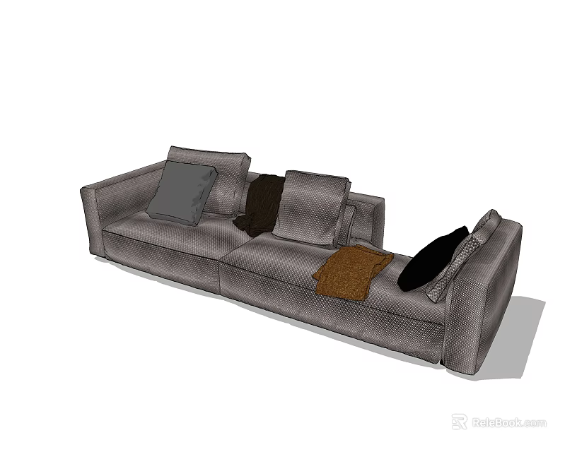 Modern Gray Sectional Sofa With Multiple Colored Cushions And Brown Throw Blanket 3d model