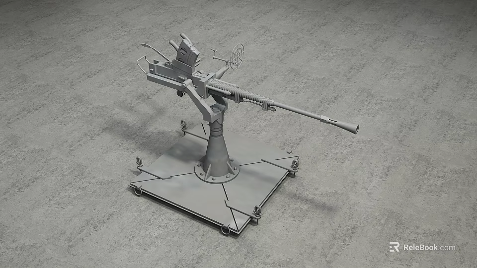 Naval Machine Gun Model Mounted On Wheeled Square Base With Long Barrel And Support Structures 3d model 