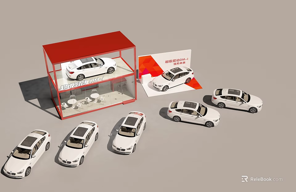 Multiple White Car Models Display With Red Roof Cabinet And Brochure Around 3d model 