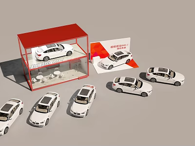 Multiple White Car Models Display With Red Roof Cabinet And Brochure Around 3d model