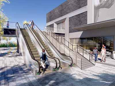 Automatic Outdoor Escalator By Modern Building With Pedestrians And Metal Railings 3d model
