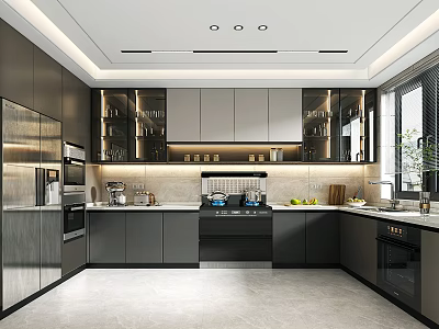 Modern Kitchen Interior Design With Dark Cabinets Island Countertop And Stainless Steel Appliances 3d model