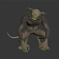 3D Rendered Mythical Creature Character With Large Ears Sharp Fangs Purple Skin And Crouching Posture