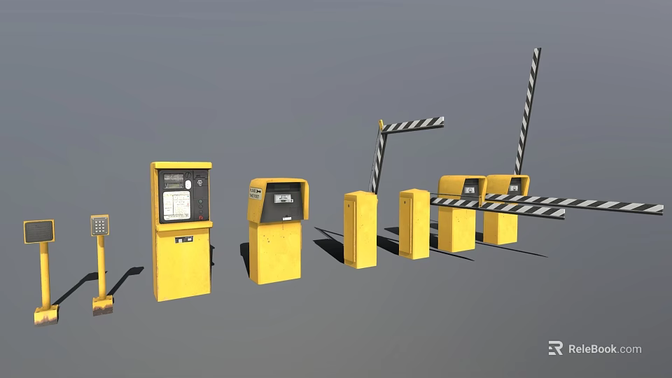 Yellow Industrial Equipment for Barrier Gate Systems With Control Boxes And Railings 3d model 
