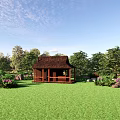 Wooden Cabin in Lush Green Lawn Surrounded by Trees and Blue Sky