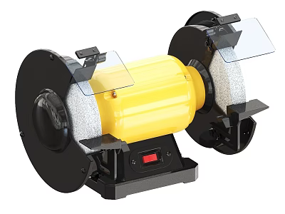 Industrial Bench Grinder Featuring Yellow Body Black Grinding Wheels Transparent Shields And Red Switch 3d model