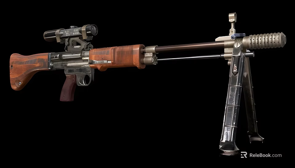 Vintage Military Rifle With Telescopic Sight Wooden Stock Metal Barrel And Tripod 3d model 