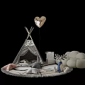 Teepee Tent In Kids Play Area With Heart Balloon Stuffed Toys And Sofa Rug