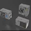 Three Old Air Conditioner Fans Outdoor Units With Dust And Stains On Surface Box Structure