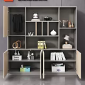 Modern Storage Cabinet With Wood Gray Doors Open Shelves Holding Camera File Folders Decorative Items