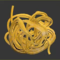 Yellow Striped Long Pasta Noodles Stacked in Twisted Pile on Dark Background