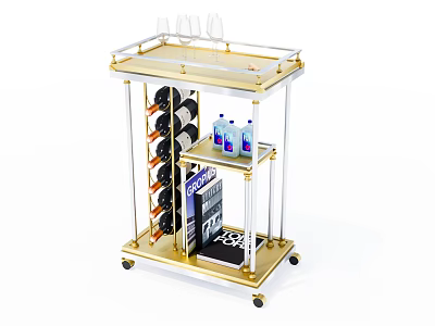 Golden Bar Cart With Wine Glasses Bottles Drinks And Wheels On Shelves 3d model
