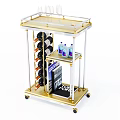Golden Bar Cart With Wine Glasses Bottles Drinks And Wheels On Shelves