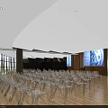Modern Conference Room With Curved Ceiling Transparent Chairs Wooden Flooring And Projection Screen