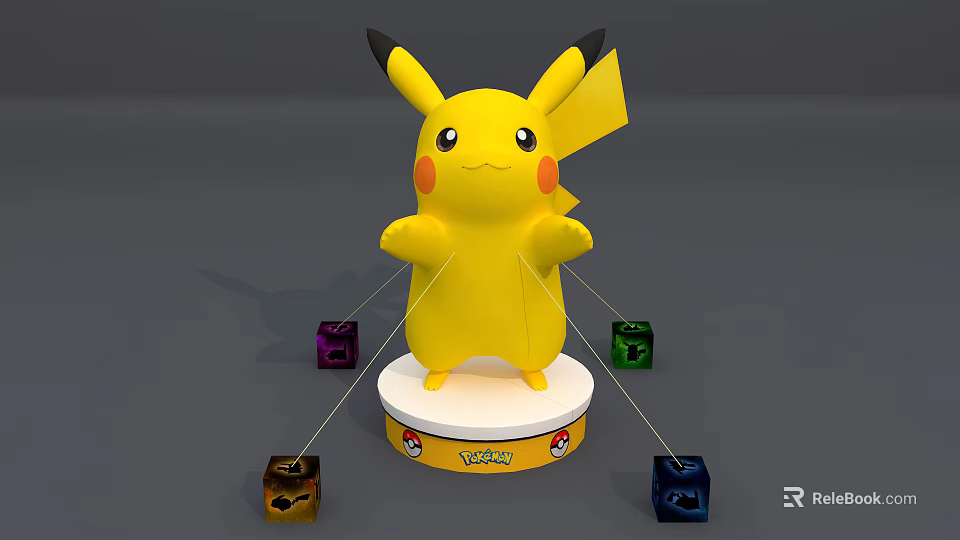 Standing Pikachu Character Figure With Colorful Cubes On Pokémon Logo Base 3d model 