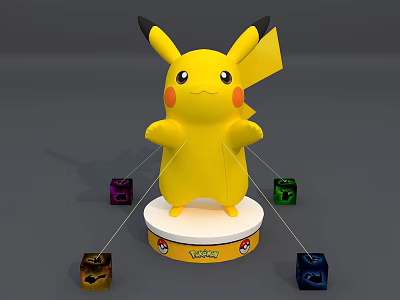 Standing Pikachu Character Figure With Colorful Cubes On Pokémon Logo Base 3d model