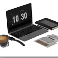 Contemporary Laptop With Notebook Smartphone Coffee Cup Watch And Calculator On Desk