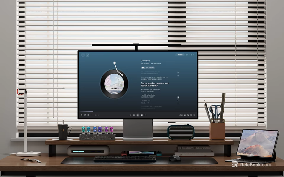 Modern Work Desk Setup With Computer Monitor Office Supplies And Blinds 3d model 