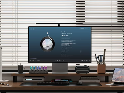 Modern Work Desk Setup With Computer Monitor Office Supplies And Blinds 3d model