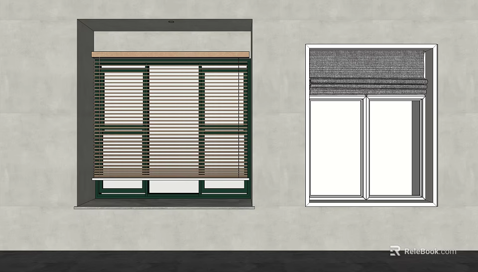 Stylish Wooden Venetian Blinds On Window With Green Frame For Home Interior 3d model 