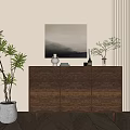 Walnut Wooden Entryway Console Cabinet With Decorative Artwork Green Plant And Herringbone Floor