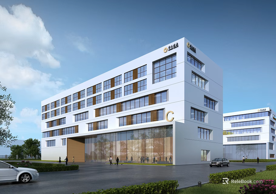 Modern White Office Building With C Logo Large Glass Windows Main Entrance And Landscaped Lawns 3d model 